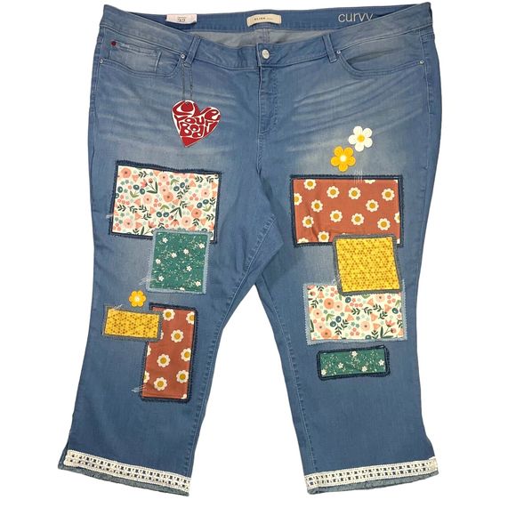 Slink Patched Boho Cropped Jeans Flower Pink Yellow Green Bee Charm Waist 56 - Picture 2 of 13